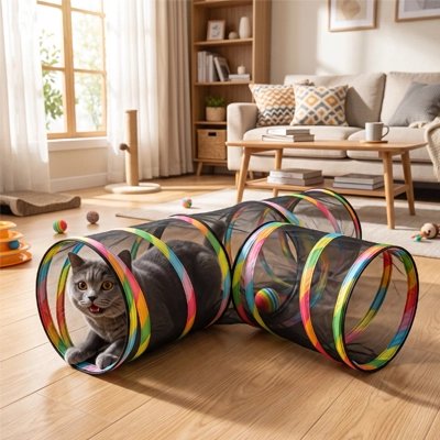 Tunnel pour chat dans un salon lumineux