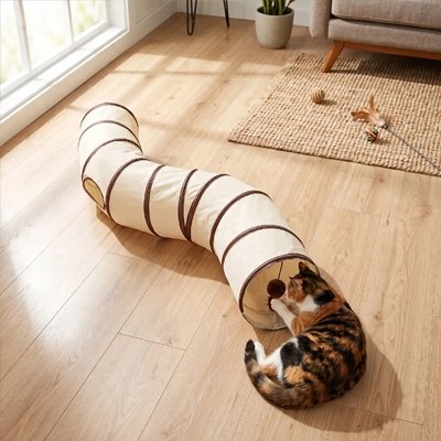 Tunnel pour chat dans un salon lumineux