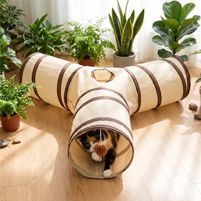 Tunnel pour chat dans un salon lumineux