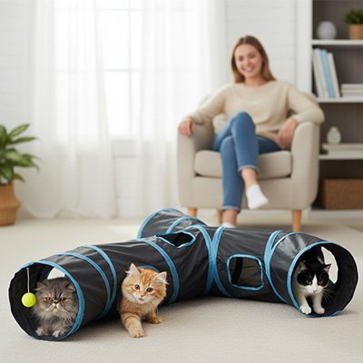 Tunnel pour chat devant une femme