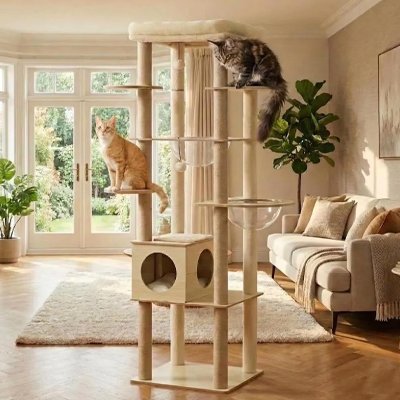  Un arbre a chat design abritant deux chats dans un salon lumineux avec vue sur un jardin