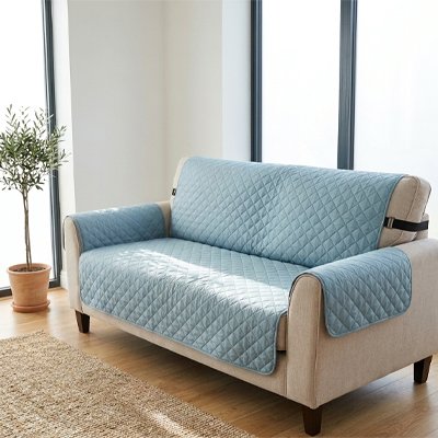  Un canapé beige protégé par un protege canape chat bleu ciel dans un salon moderne et lumineux