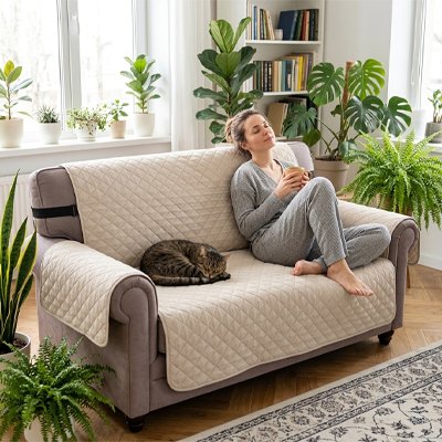 un canapé beige recouvert d'un Protege canape chat beige dans un salon moderne