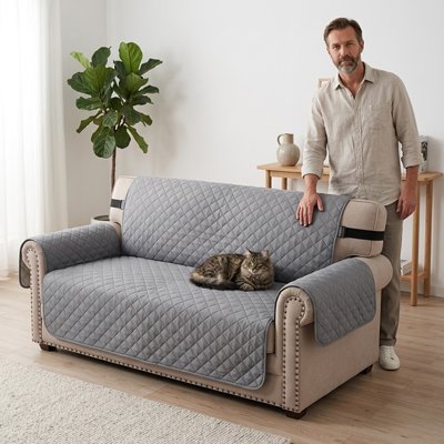 un canapé beige recouvert d'un Protege canape chat gris dans un salon, avec un chat assis au dessus