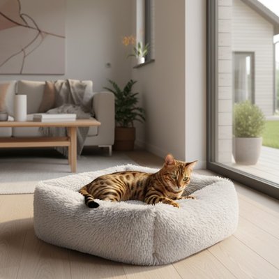 Un chat allongé dans un panier chat en forme de carré en peluche 