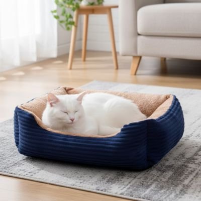Un chat blanc endormis dans un panier chat rectangulaire bleu marine