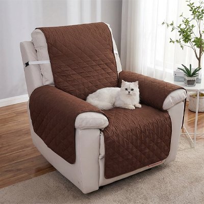 Un chat blanc est allongé sur un fauteuil beige protégé par une protection canapé chat 