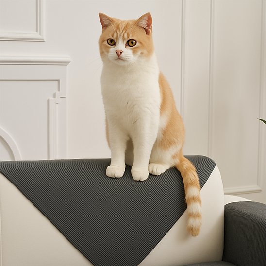 Un chat blanc et roux est assis fièrement sur le dossier d'un canapé moderne équipé d'une protection canapé chat gris