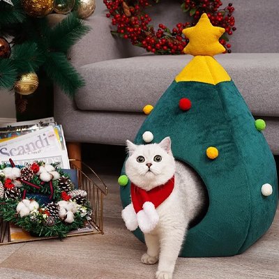 Un chat blanc portant un bavoir de Noël sort d'une niche pour chat en forme d'arbre de Noël dans une pièce décorée pour les fêtes.
