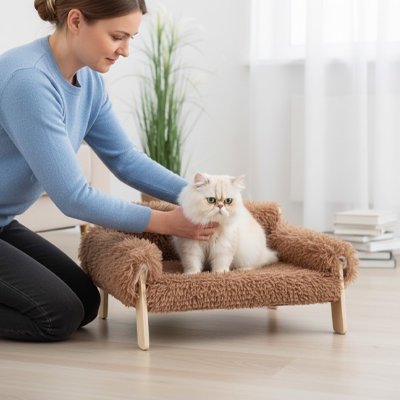 Une femme mettre son chat dans un lit pour chat surélevé en peluche marron