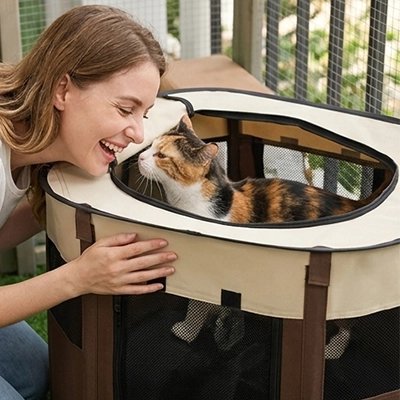 Un chat dans une maison à chat de couleur marron