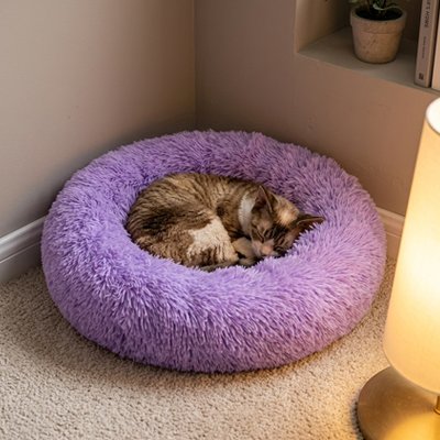 Un chat dort paisiblement enroulé sur lui-même au centre d'un Coussin Chat  de couleur mauve