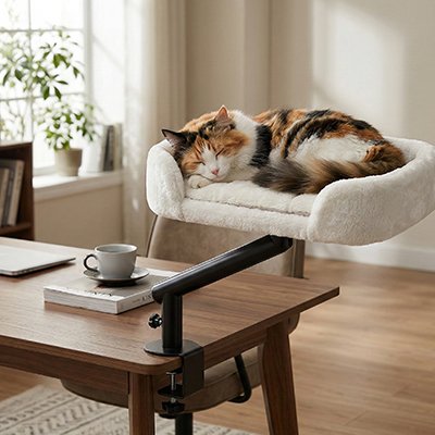 Un chat endormis confortablement dans un lit pour chat surélevé en peluche beige