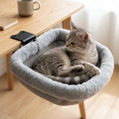 Un jeune chat tigré gris est blotti dans un hamac pour chats de table en tissu gris clair