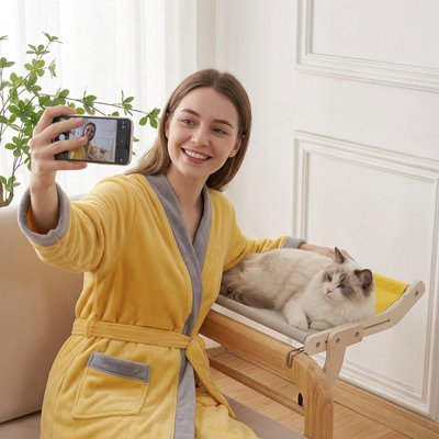 Un chat est installé sur un hamac surélevé en bois clair avec une toile beige, fixé au bras du canapé. juste à côté d'elle une femme