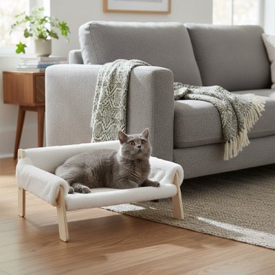 Un chat gris aux yeux cuivrés est allongé sur un lit pour chat blanc