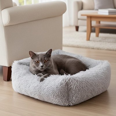 Un chat gris aux yeux cuivrés est couché dans un panier chat posé sur un parquet.