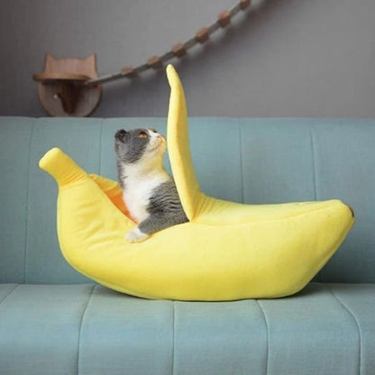 Un chat gris et blanc dans un grand panier pour chat en forme de banane jaune