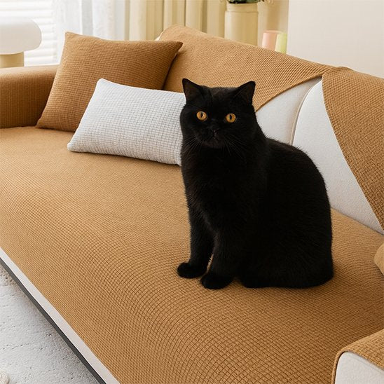 Un chat noir est assis au centre d'un canapé moderne recouvert d'une protection canapé chat texturée de couleur marron clair