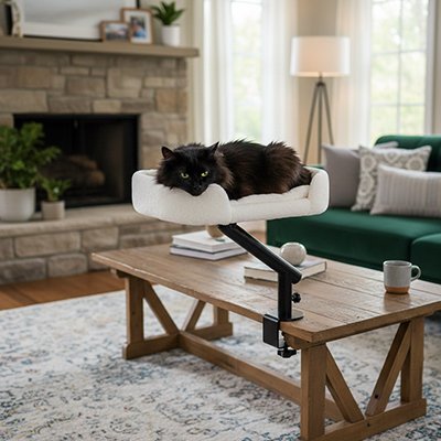 Un chat noir sur un lit pour chat surélevé et fixé au bord d'un bureau en bois