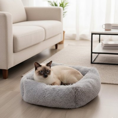 Un chat repose paisiblement dans un panier chat en forme de carré en peluche 