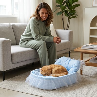 Une femme assise sur un canapé regarde en souriant un chat roux endormi dans lit pour chats 