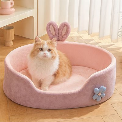 Un chat roux et blanc assis dans un panier chat en peluche rose et mauve orné d'oreilles de lapin