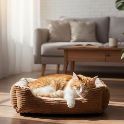 Un chat roux et blanc dort paisiblement dans un panier chat marron moelleux 