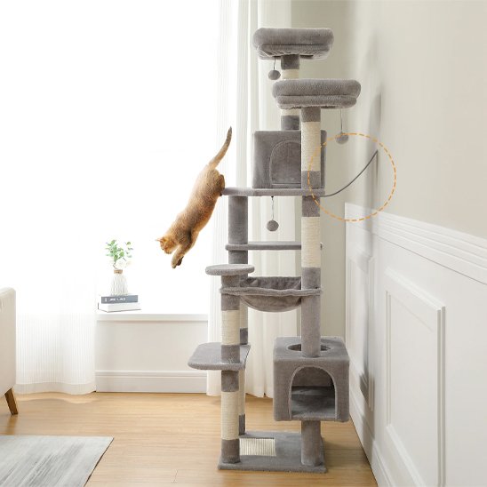 Un chat roux sautant d'un arbre a chat xxl gris ancré au mur d'un salon lumineux.