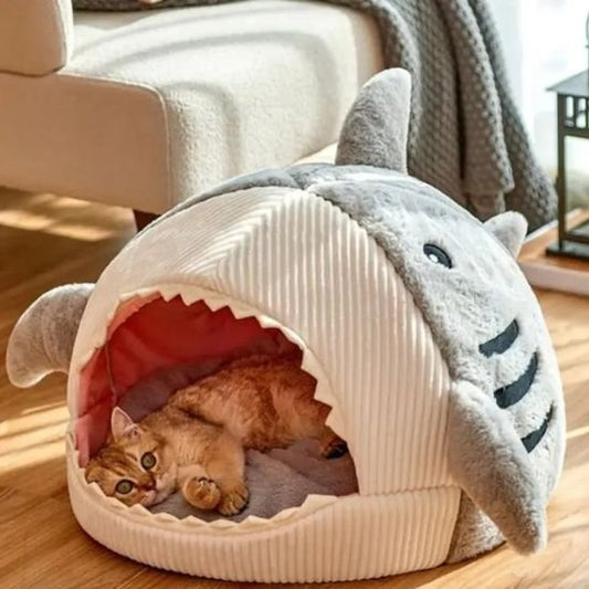 Un chat roux se repose confortablement à l'intérieur d'un chat panier en forme de requin