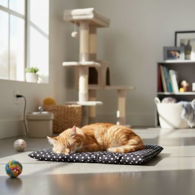Un chat roux tigré dort paisiblement sur un tapis pour chat dans un salon ensoleillé