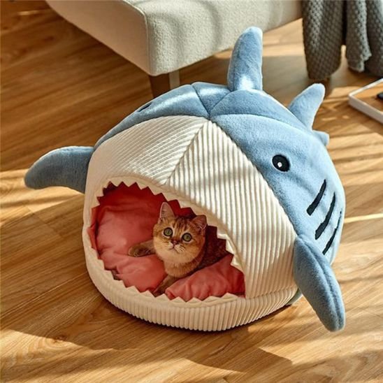 Un chat tigré allongé à l'intérieur d'un chat panier en forme de requin posé sur plancher en bois