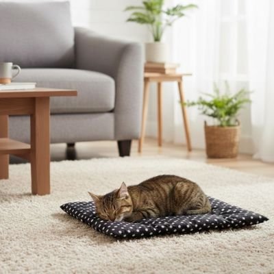 Un chat tigré brun dort confortablement sur tapis pour chat 