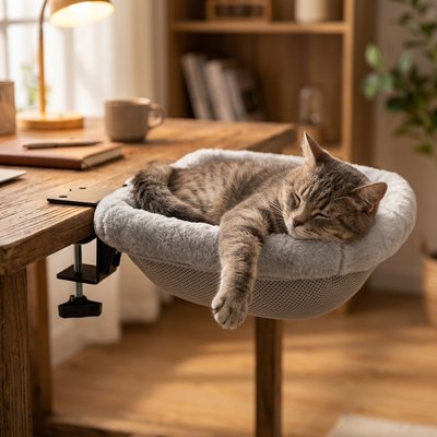 Un chat tigré dort paisiblement dans un hamac pour chats de bureau en tissu gris