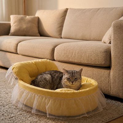 Un chat tigré gris et blanc est confortablement installé dans lit pour chats 