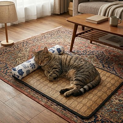 Un chat tigré endormis sur un lit chat  à motif japonais blanc