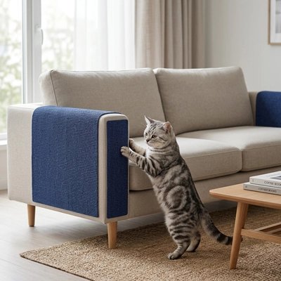 Un chat tigré gris fait ses griffes sur housse canapé anti griffe chat de couleur bleue