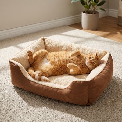 Un chat tigré roux allongé sur le dos dans un panier chat rectangulaire marron et crème
