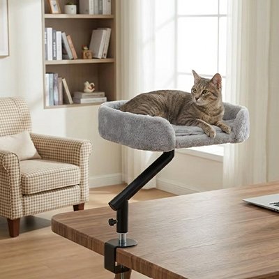 Un chat tigré en mode observation sur un lit pour chat surélevé en peluche grise