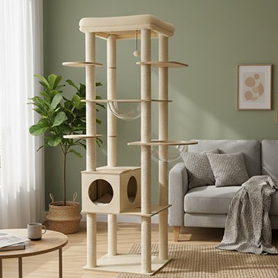 Un grand arbre a chat design à plusieurs niveaux, équipé d'un dôme transparent et d'une niche carrée, installé dans un salon moderne