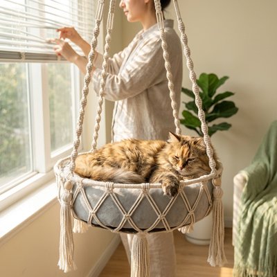 Un grand chat à poil long st endormi dans un hamac chat suspendu en macramé de couleur écru, équipé d'un coussin gris confortable