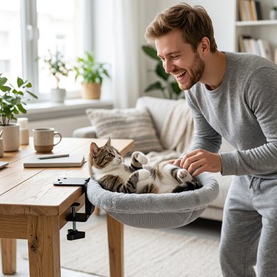 Un homme souriant interagit avec un chat tigré couché sur le dos dans un hamac pour chats 