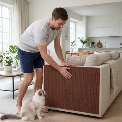 Un homme examine une housse de canapé anti griffe de chat de couleur marron