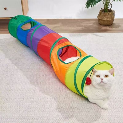 Un tunnel du chat posé sur un tapis dans un salon
