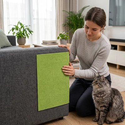 Une femme applique une housse canapé anti griffe chat de couleur verte