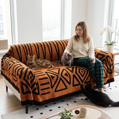 Une femme assise sur un canapé recouvert d’un protege canape chat orange à motifs noirs 