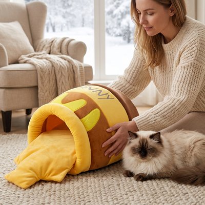 Une femme en chandail beige montre un lit chaton en forme de pot de miel marron et jaune