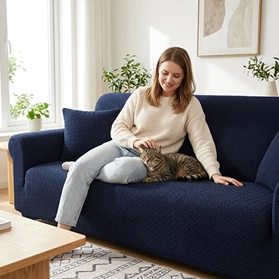 Une femme est assise sur une housse canapé chat bleue et caresse son chat