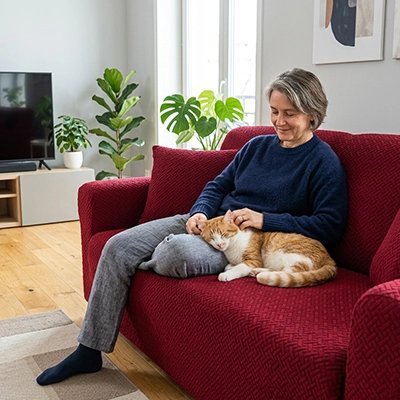 Une femme est assise sur une housse canapé chat et caresse son chat