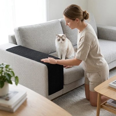 Une femme examine une housse de canapé anti griffe de chat